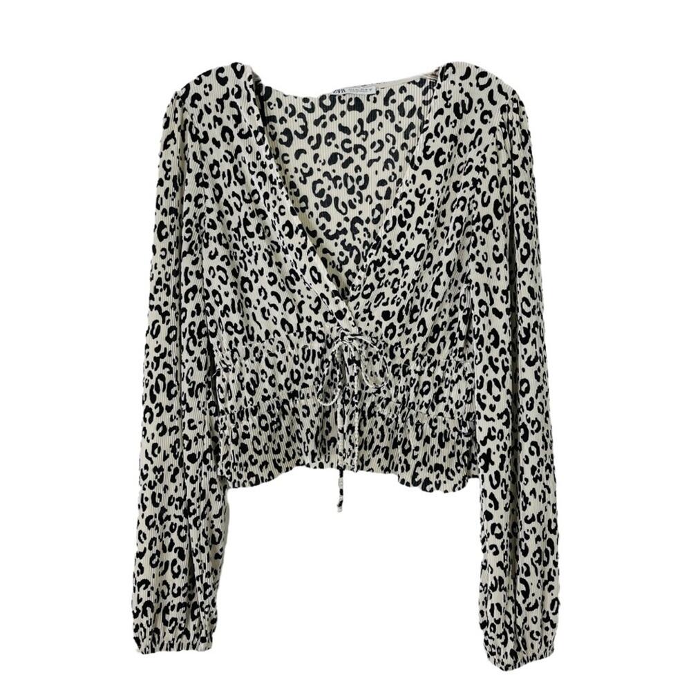 Zara cream black animal print cropped ribbed boho tie top small